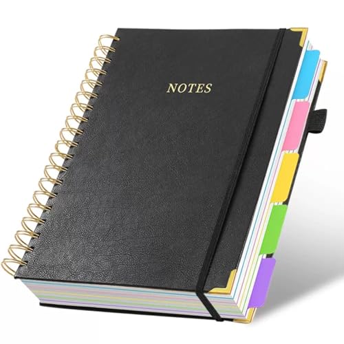 B5 ノート、B5 ルーズリーフ、300ページ 大容量、取り外し可能な仕切り付き ジャーナル、スパイラル日記 5科目、粘着ラベル8枚、大学罫線、書きやすい、家庭 職場 学校 勉強 会議 用 (ブラック)