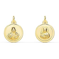 Dijes De Oro Virgen Del Carmen Medalla Escapulario Oro Amarillo 18 ktes Virgen del Carmen Y Sagrado Corazón Tamaño 14 mm