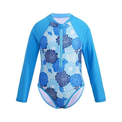 Manyakai Kids Girls One Piece Swimsuit Printed Swimming Costume Long Sleeves Zipper Rash Guard Swimwear Blue Flower 11-12 Years Cover