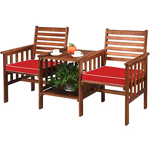 GIANTEX Gartenbank Holz mit Tisch, Holzbank Outdoor 2 Sitzer mit Kissen, Sitzbank Garten mit Schirmloch, Friesenbank Kinobank bis 350 kg...