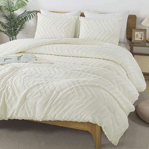Image of Andency Ivory Oversized Super King Comforter Set, Boho Soft Warm Tufted Neutral Bedding Comforter Sets, 3 Pieces Aesthetic Chevron Farmhouse Cute Bohemian Textured Bedding Set