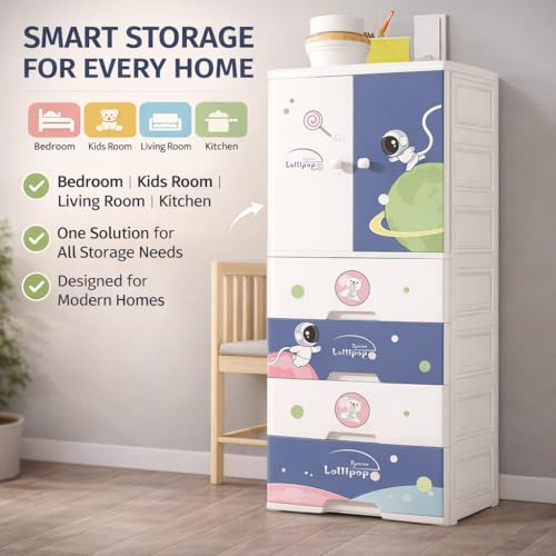Image of AYSIS Kids Plastic Collapsible Wardrobe Organizer for Storage with Drawers | Cute Cartoon Design | Heavy Duty Cloth Organizer for Storage | Easy to Assemble | Perfect for Kids Room & Home | Starry