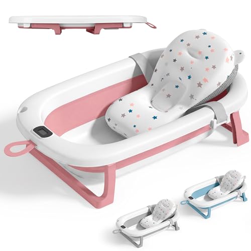 JUPPLIES Bañera Bebé Plegable con Cojín Ergonómico, Termómetro Digital y Patas Antideslizantes | Portátil, Compacta y Segura para Recién Nacido (Rosa, Sin patas)