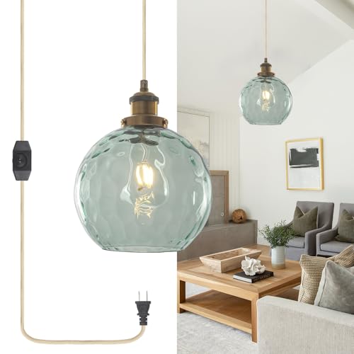 Image of Handblown Green Glass Plug in Pendant Light 15ft Cord With Dimmable Switch