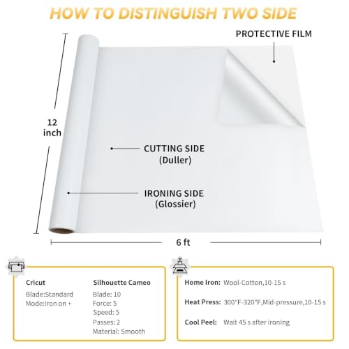 Image of VinylRus HTV Heat Transfer Vinyl Roll, White, 12 inch x 6FT