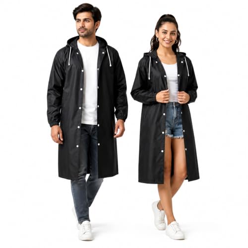 Image of Full Length Waterproof Raincoat for Men & Women | Hooded Transparent Rain Wear with Sleeves | Reusable Long Rain Jacket for Bike Riding, Travel, Camping & Monsoon Protection