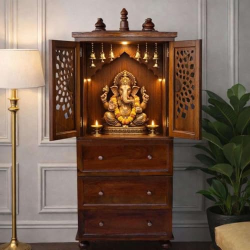 Varsha Furniture Solid Sheesham Wood Home Temple Mandir with Doors & 3 Storage Drawers Wooden Pooja Mandir for Home Prayer Room, Traditional Design Te