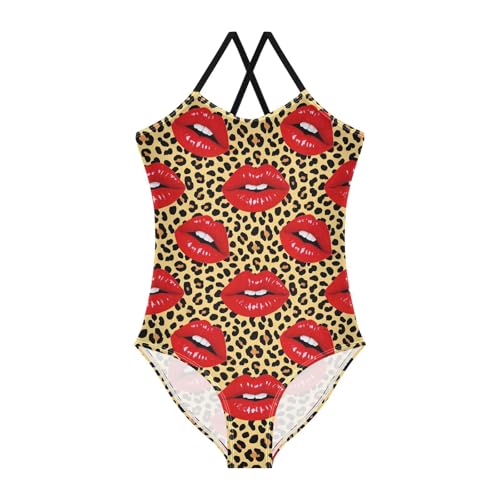 Girls' One-Piece Swimwear Beach Bathing Suit Quick Dry Light Purple Leopard Pattern Halter Swimwear Bathing Suit,3-10T