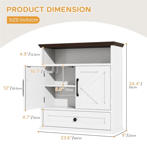 Image of Bathroom Wall Cabinet, Wall Mounted Medicine Cabinet 24.4 inchH x 23.6 inchW x 9 inchD | With Drawer, Barn Doors & Adjustable Shelf, White Over Toilet Farmhouse Storage Cabinet for Kitchen, Laundry Room, Entryway