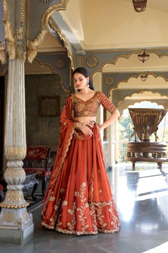 Image of JIHU CULTURE Women's Orange Sequence Embroidery Work Silk Semi-Sttiched Lehenga Choli-JH290ORG