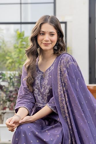 Image of PARTHVI Women's 100% Pure Cotton Anarkali Kurta Set with Pant & Dupatta | Embroidered Flared Kurta | Elegant Ethnic Suit