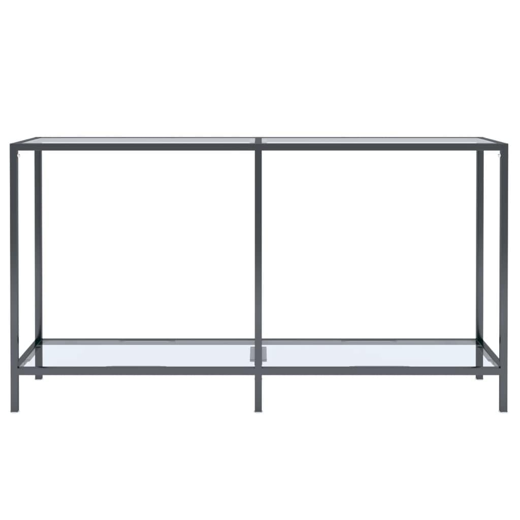 Stolik konsolowy przezroczysty z hartowanego szkła, 140 x 35 x 75,5 cm, z malowaną proszkowo stalową ramą, wąski stolik z półką i miejscem do przechowywania do salonu, korytarza, biura