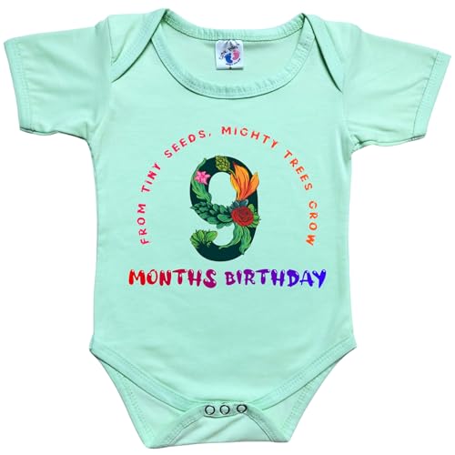 Image of Monthly Milestone Nine Month Birthday Baby Romper Dress Onesie Bodysuit for Boys and Girls I Am 9 Months Old Today 9D2