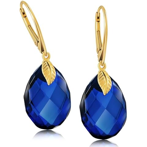 Amber by Mazukna,Blue Earrings for Women,Gold Plated Silver Leaf Fitting and Closure, Lightweight Edgy Semi-Precious Stone Jewelry for Ladies, Sterling Silver, blue amber Cover