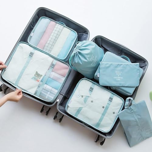 Image of 7pcs pouche Set Travel Organizer Packing Cubes Lightweight Travel Luggage Organizers with Laundry Bag or Toiletry Bag Laundry Organiser (7 PCS) (SKY BLUE)