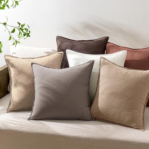 Image of Decorative Linen Solid Throw Pillow Covers 20x20 Inch Set of 2 Light Coffee Boho Accent Farmhouse Pillows Modern Neutral Home Decor for Couch Sofa Living Room Bed