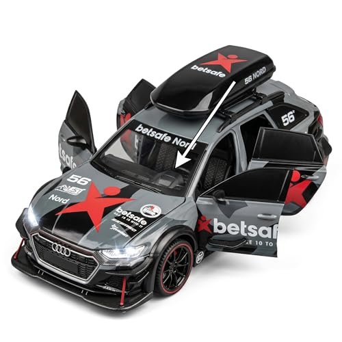 Image of Audi RS6 Avant C8 1:24 Scale Die-Cast Car Model - Betsafe Racing Livery Detachable Roof Box Sound Light Pull-Back Alloy Estate Collectible Toy