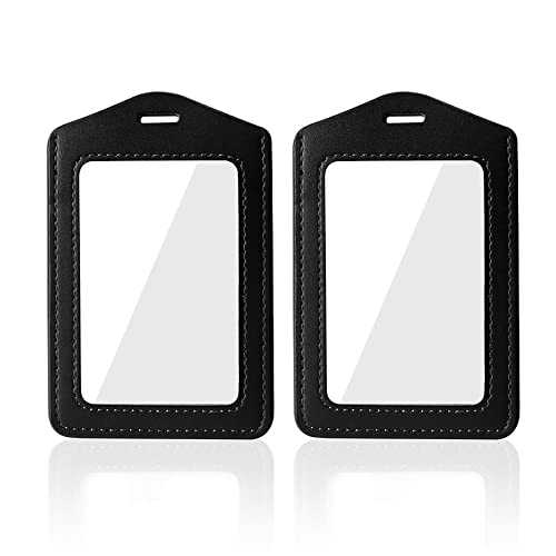 Larpur 2 Pack Leather Badge Holders, Double Sided Clear Id Badge Holder Vertical Card Holders, Black #TOP12