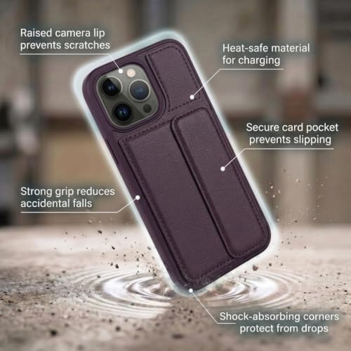 Image of amazon basics Luxury Vegan Leather Back Cover for iPhone 14 Pro | Built-in Card Holder Slot | Integrated Mobile Stand | Slim Shockproof Protective Case with Stitched Finish - Purple