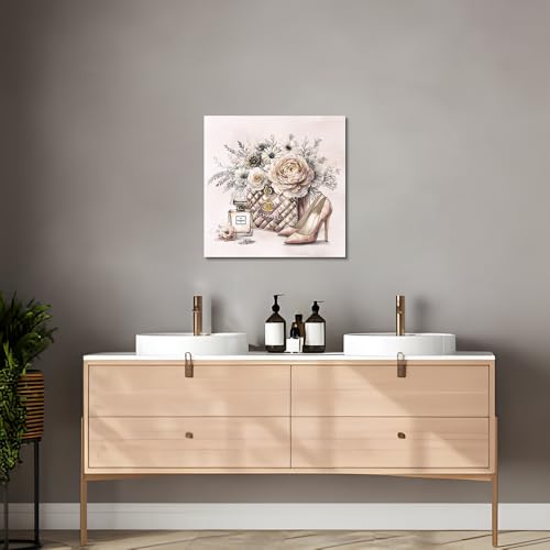 Image of cozy country Chanel-Inspired Canvas Wall Art - 20x20 Inches Luxury Fashion Artwork Print, Featuring Perfume, Handbags, High Heels & Flowers, Perfect for Bathroom & Women's Room Decor