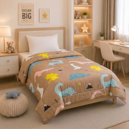 Image of Filymore Danasour Comforter for Kids Boys - Cute Cartoon Print Single Bed Blanket, Microfiber Dohar for Boys & Girls | Soft Kids Winter & Summer Quilt|60x90 Inches (Brown)