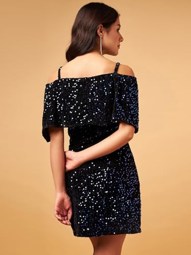 Image of DRAPE AND DAZZLE Women Shimmer Velvet Bodycon Dress with Shoulder Straps | Mini Dress | Western Dress for Women | DD-106