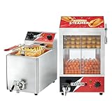 CROSSON Hot Dog Dampfgarer 42L,175 Hot Dogs und 50 Brötchen,8L Professionelle Elektrische Fritteuse mit ablaufhahn,3250W Kommerzielle Elektrische Fritteuse aus Edelstahl mit Korb & Deckel