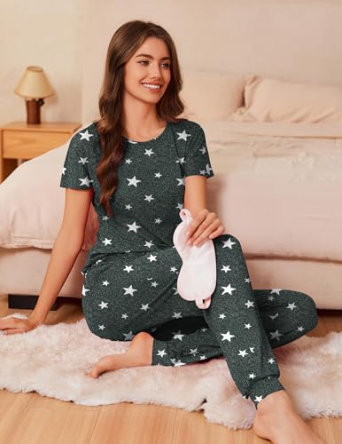 Image of Ekouaer Womens Pajama Sets Short Sleeve Lounge Sets for Women Printed Jogger Pajama Set 2 Piece Pj Sets With Pockets S-XXL