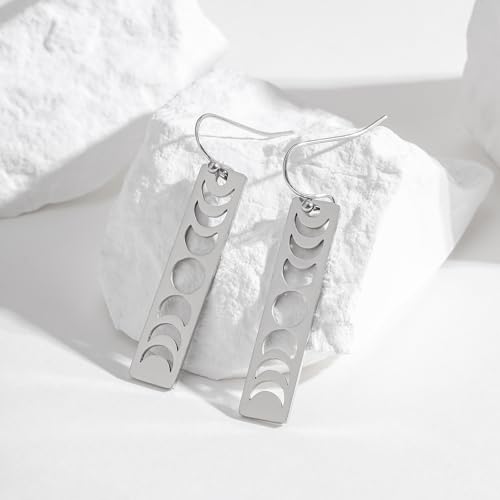 Moon Phase Earrings for Women, Silver Boho Earrings, Lunar Cycle Witchy Earrings, Scandinavian Flower Long Bar Earrings3