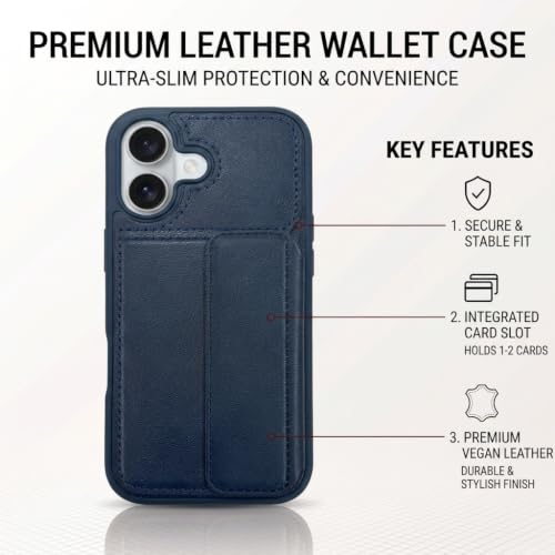 Image of amazon basics Luxury Vegan Leather Back Cover for iPhone 16 | Built-in Card Holder Slot | Integrated Mobile Stand | Slim Shockproof Protective Case with Stitched Finish - Blue