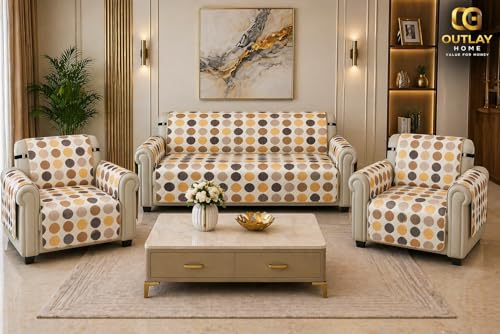Image of Printed Quilted Sofa Mat for 5 Seater (3+1+1) - Geomatric Design Slipcover with Armrest, Pockets on Both Sides, Fully Covered Sofa Protector - Multicolor Circle