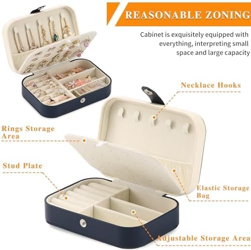 Travel Jewelry Box, PU leather Small Jewelry Organizer For Female Girls, double layer portable mini travel case for storing earrings, rings, necklaces.(dark blue 2pcs) image 4