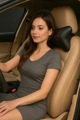 Image of Leather Car Neck Pillow for Travel, Travel Micro Fiber Rest Pillow /Cushion Set of Pillows Compatible with All Cars - Pack of 2 Pieces (Red Black)
