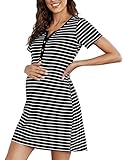 KOJOOIN Damen Nachthemd Geburt Stillnachthemd Umstandsnachthemd mit Streifen Nachtkleid B-Schwarz (Kurzarm) M