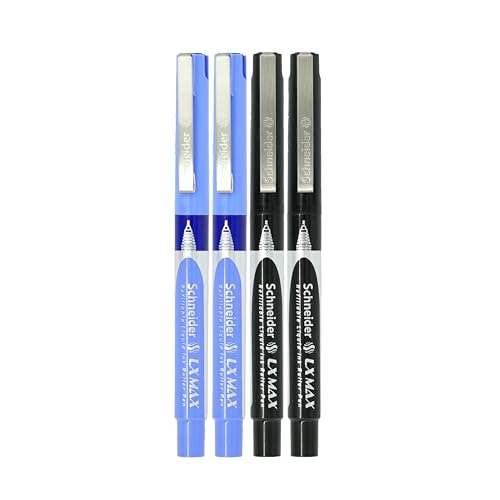Image of Luxor Schneider LX MAX roller ball pen, Pack of 4, 2 Blue+2 Black, Needle Tip, 0.5mm, 100% German Technology, 1000+ mtrs writing length, Waterproof Ink, Ideal for Students & Professionals