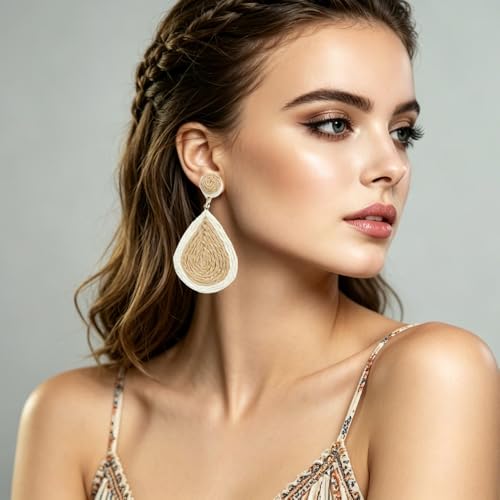 Image of 4 Pairs Handmade Raffia Rattan Bohemian Round Drop Dangle Earrings for Women, Boho Statement Cute Fun Hoop Earrings Set