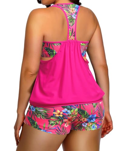 Image of Womens Plus Size Tankini Swimsuit Two Piece Tummy Control Bathing Suit | Blouson Racerback Tankini Top with Shorts, Double Up Design, Removable Pad