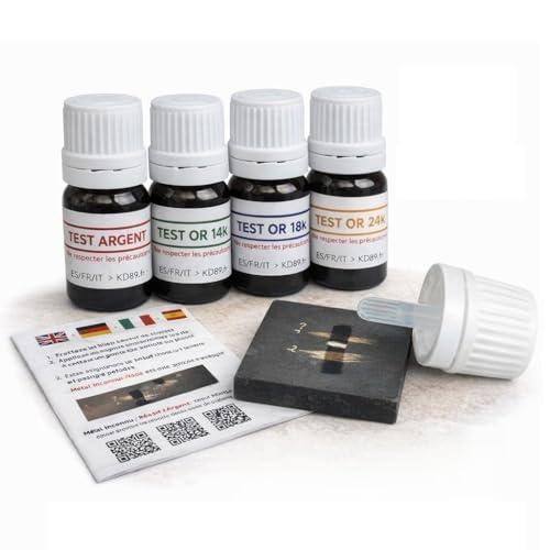 KD89 Assortiment de réactifs/solutions pour tester l'or - 14-18-24 carats et l'argent - Avec pierre de touche naturelle et notice multi-langues - Expertise pour bijoux,...