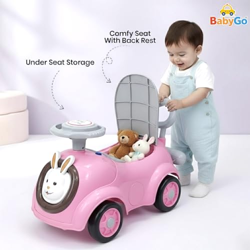 Image of BabyGo Bunny Ride-On Push Car for Toddlers with Music & Horn | Backrest & Safety Guard | Under-Seat Storage | Big Wheels | Ride-On for Kids 1-3 Years Up to 25 kg (Pink)