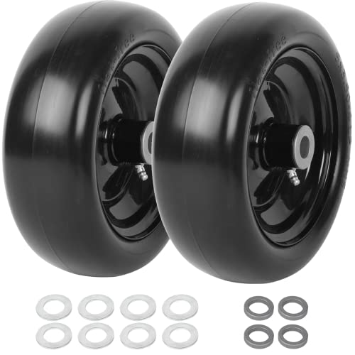 (2-Pack) 9x3.50-4 Flat Free Lawnmower Tire and Wheel Assemblies - PU Tire on Wheel and Adapter Kits with 3.5 Centered Hub 3/4 Bushings