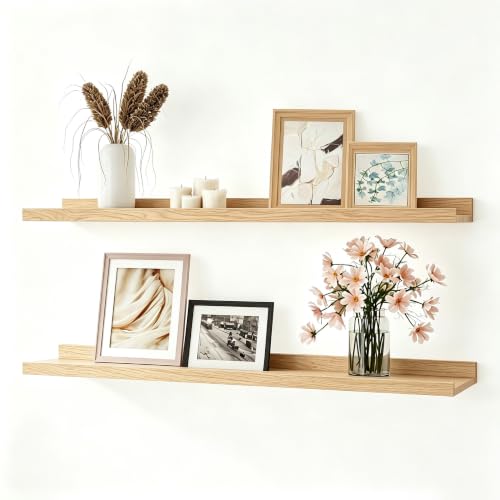 Image of Oak Floating Shelves for Wall Decor, 30 in Shelf with Lip, 2 Set | 4.5 inch Deep Display Picture Ledge Shelf, Long Wall Mounted Storage Shelves for Bedroom, Bathroom, Living Room, Kitchen, Nursery