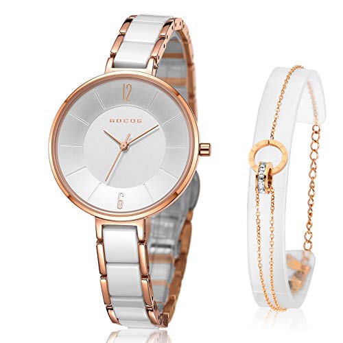 ROCOSJEWE Women's Wrist Watch Ceramic Bracelet Analog Japanese Quartz Watch Rose Gold Dial Simple Elegant R0309 (White)