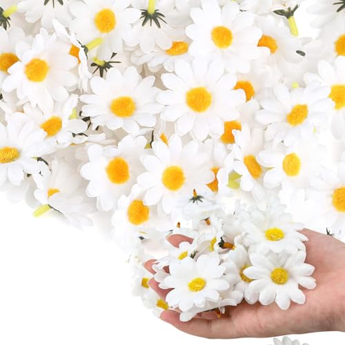 WJUAN 200 Flores Artificiales Margaritas - Decoración con Tallo Hueco (Núcleo Amarillo) para Guirnaldas, Bodas, Mesa, Accesorios de Pelo y DIY