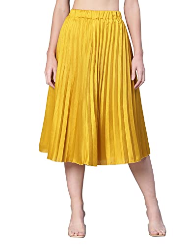 Image of oxolloxo Women Mustard Dupion Silk Pleated & Elasticated Skirt
