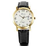 JewelryWe Herren Armbanduhr, Analog Quarz, Fashion Business Casual Kalender Schwarz Leder Armband Uhr mit Römischen Ziffern Zifferblatt
