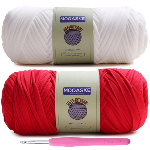 Image of Mooaske 2 Pack T-Shirt Crochet Yarn for DIY Knitting Crochet Cloth Blanket Bag Dolls - 400g Chunky Thick Yarn for Crocheting with Polyester-Spandex Blend Elastic Fabric (White+Red)