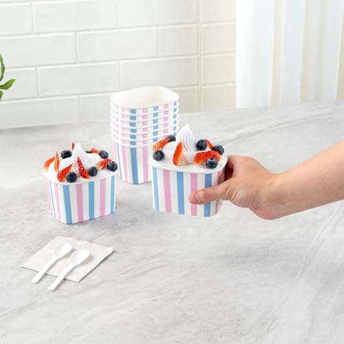Image of Restaurantware Paper Cups 50 Count 12 Ounce Square Disposable Ice Cream Containers, Leak-Resistant Paper Dessert To Go Cups, Hot And Cold Food, Durable Pink And Blue Stripe Design