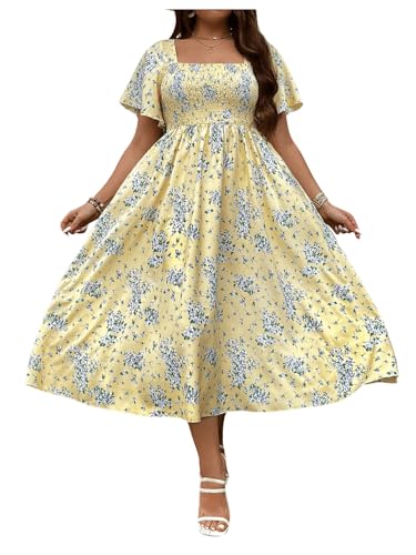 Image of Floerns Women's Plus Size Floral Square Neck Flounce Short Sleeve A Line Maxi Dress
