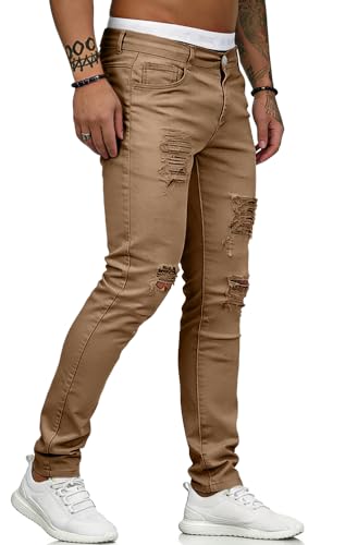 Image of HUNGSON Men's Blue Slim Fit Jeans Stretch Destroyed Ripped Skinny Jeans Side Striped Denim Pants