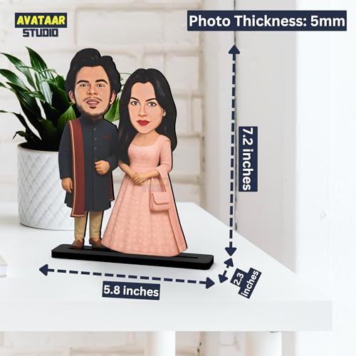 Image of Wood Rectangular Personalized Caricature Gift for Couple, 7 Inches, Tabletop Multicolor, Art Deco Style (COUPLE DES - 5)